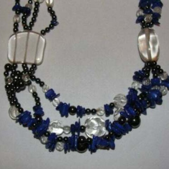 Lapis Lazuli Hematite Carved Clear Quartz Chip Bead Necklace Torsade